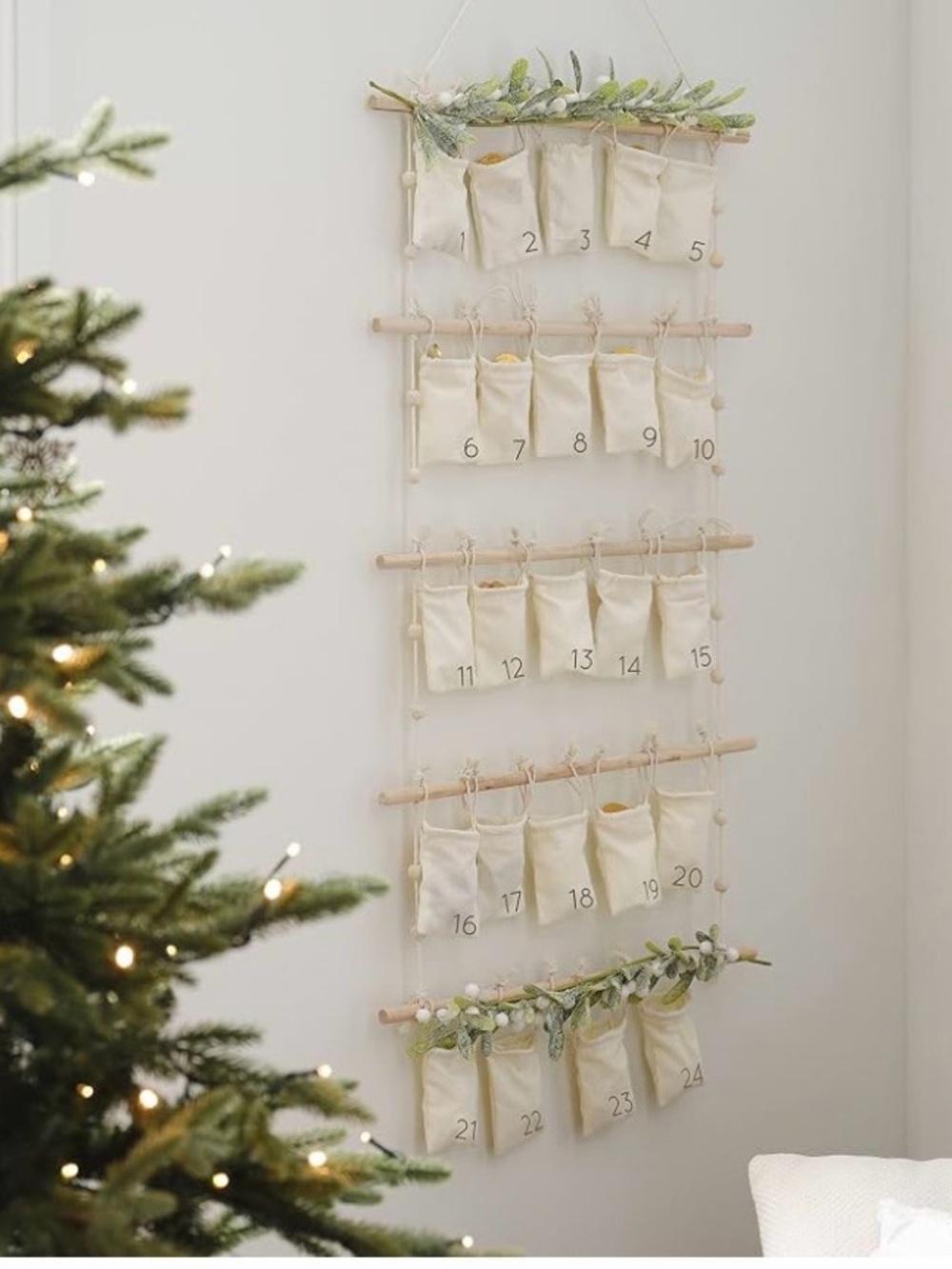Ginger Ray Fabric Advent Calendar Bags Christmas Decoration with Faux Foliage